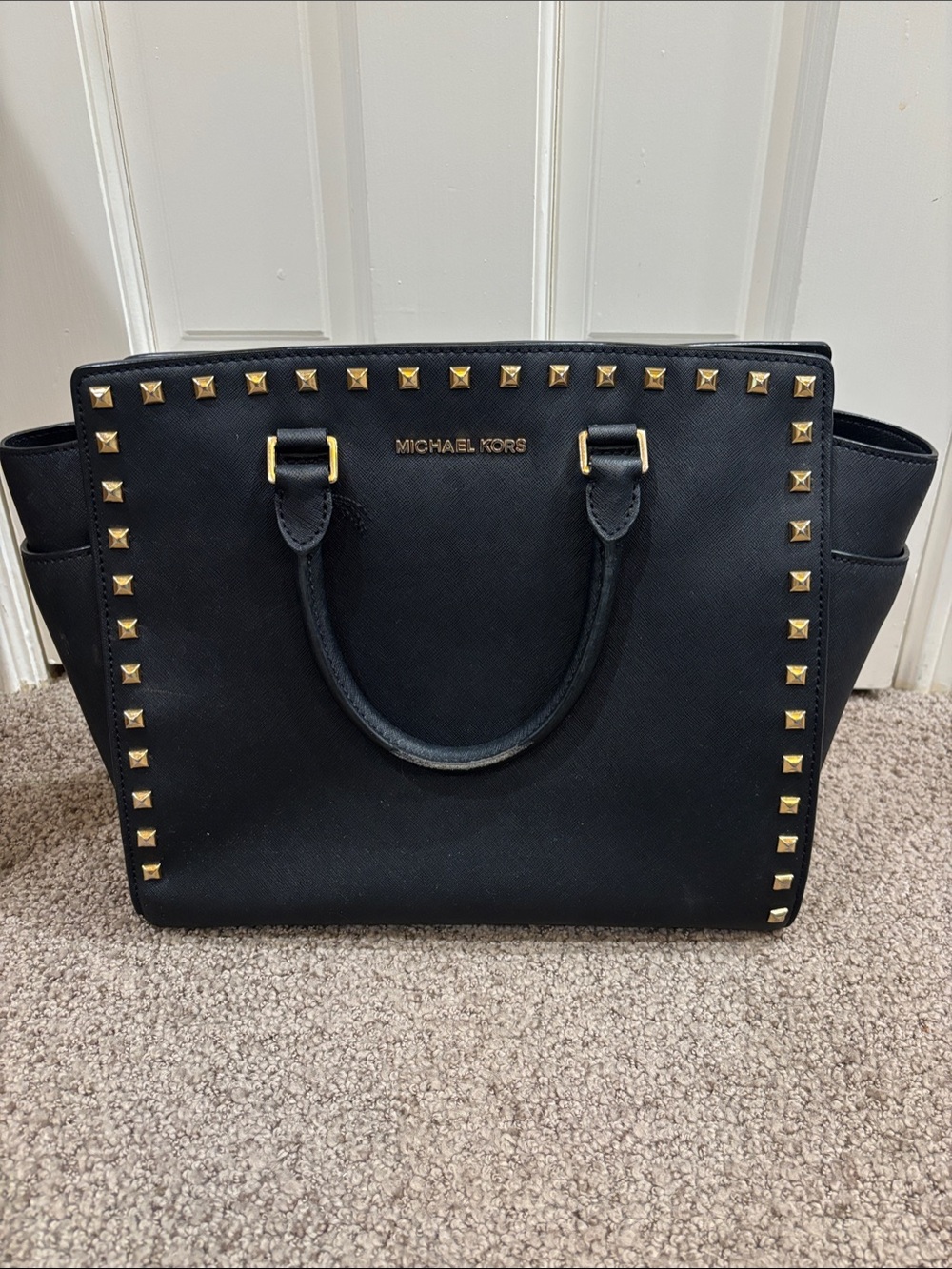 Michael Kors Black Satchel with Gold Stud Trim